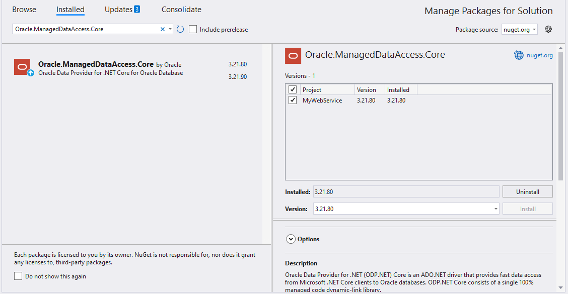 Installing the Oracle.ManagedDataAccess.Core NuGet package