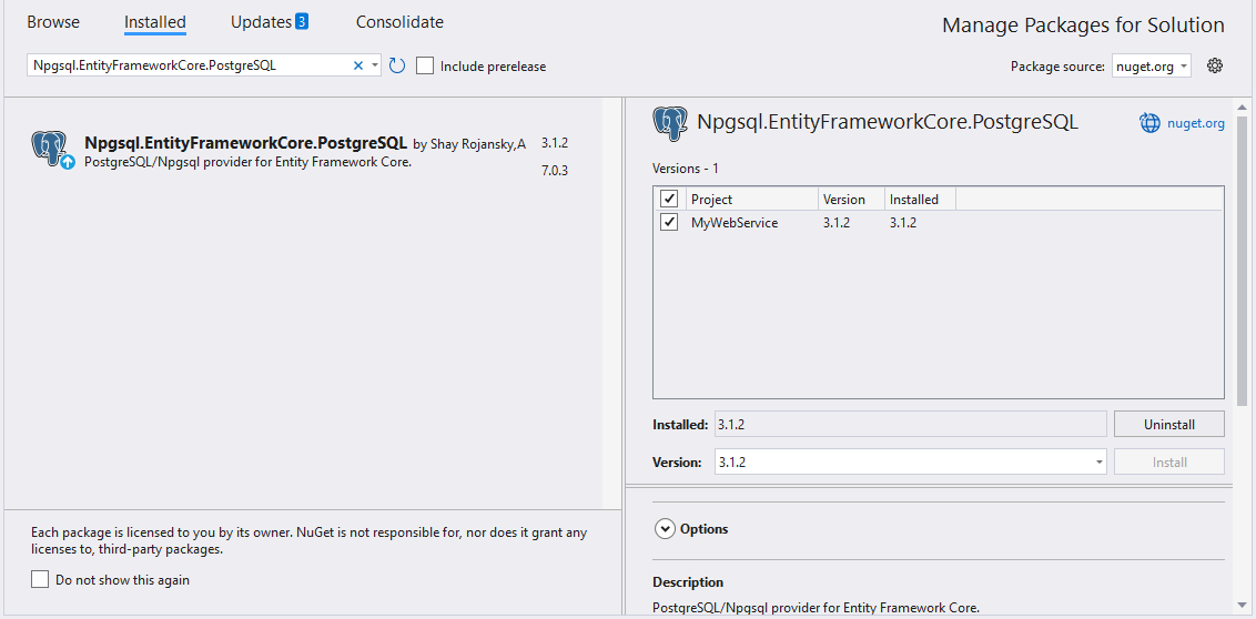 Installing the Npgsql.EntityFrameworkCore.PostgreSQL NuGet package