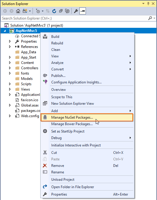 aspnetmvc5 manage nuget packages