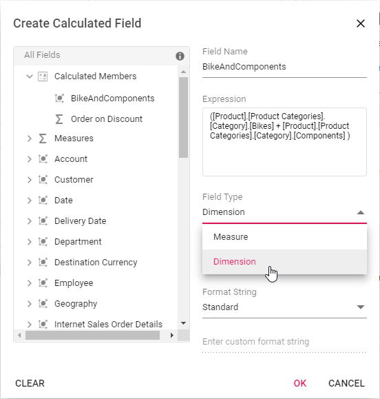 Select calculated field type