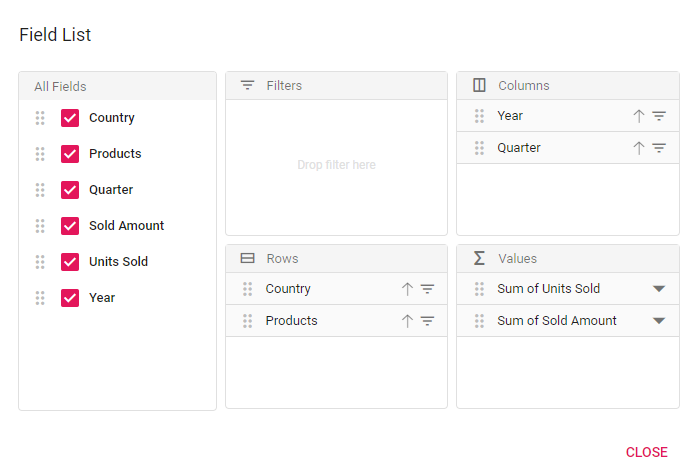 Pivot Table built-in field list popup dialog