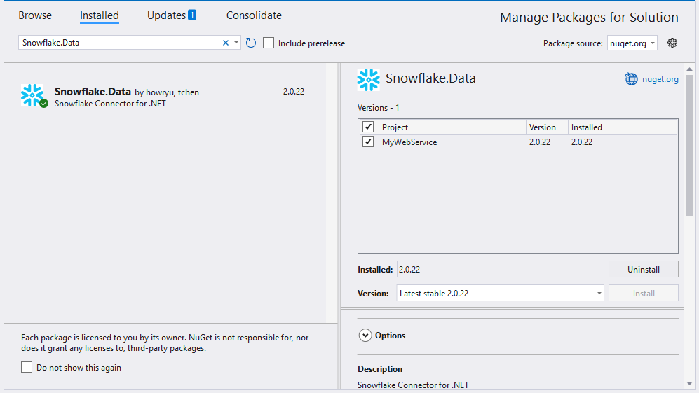 Installing the Snowflake.Data NuGet package