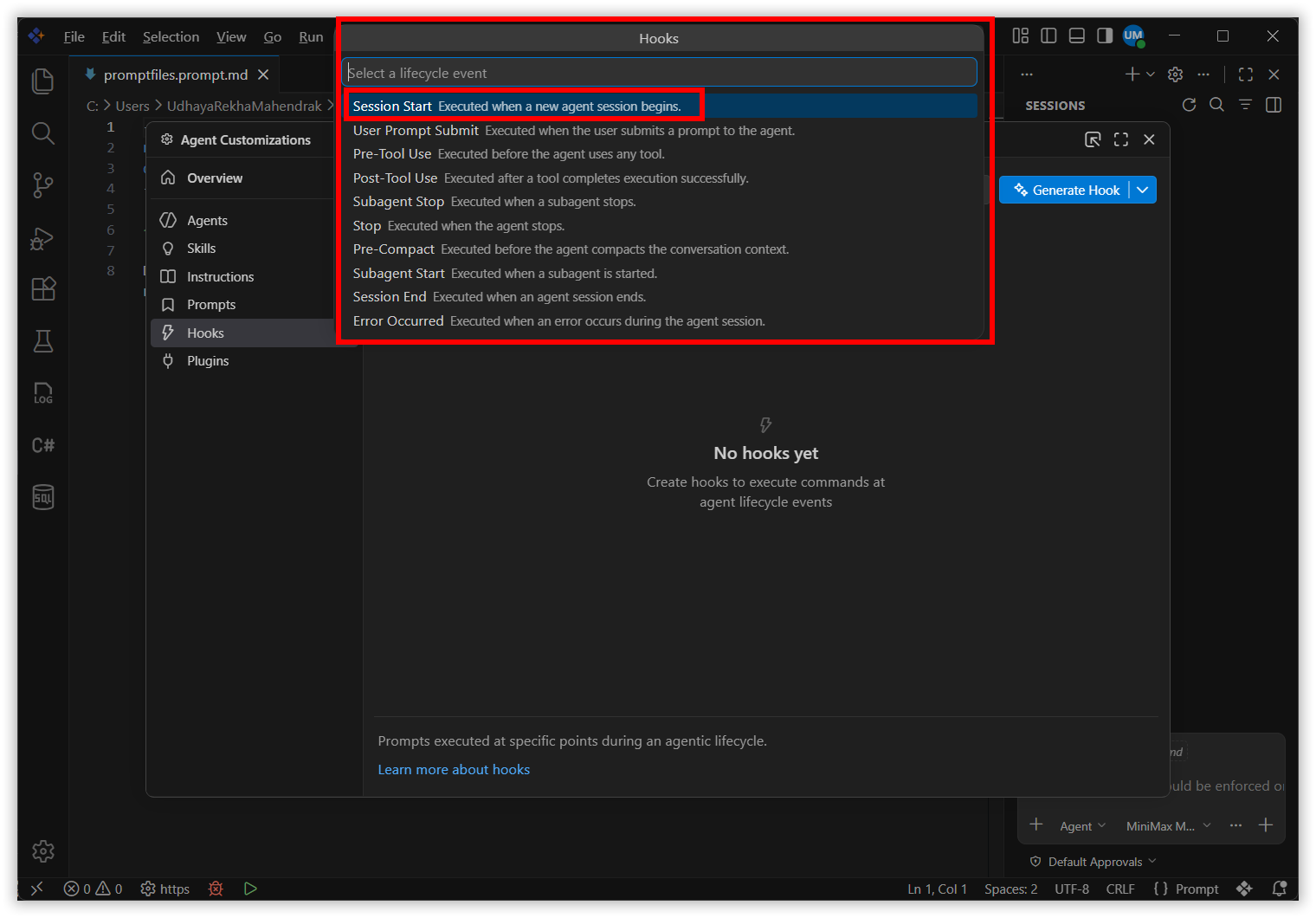 Hook creation dialog showing hook event selection