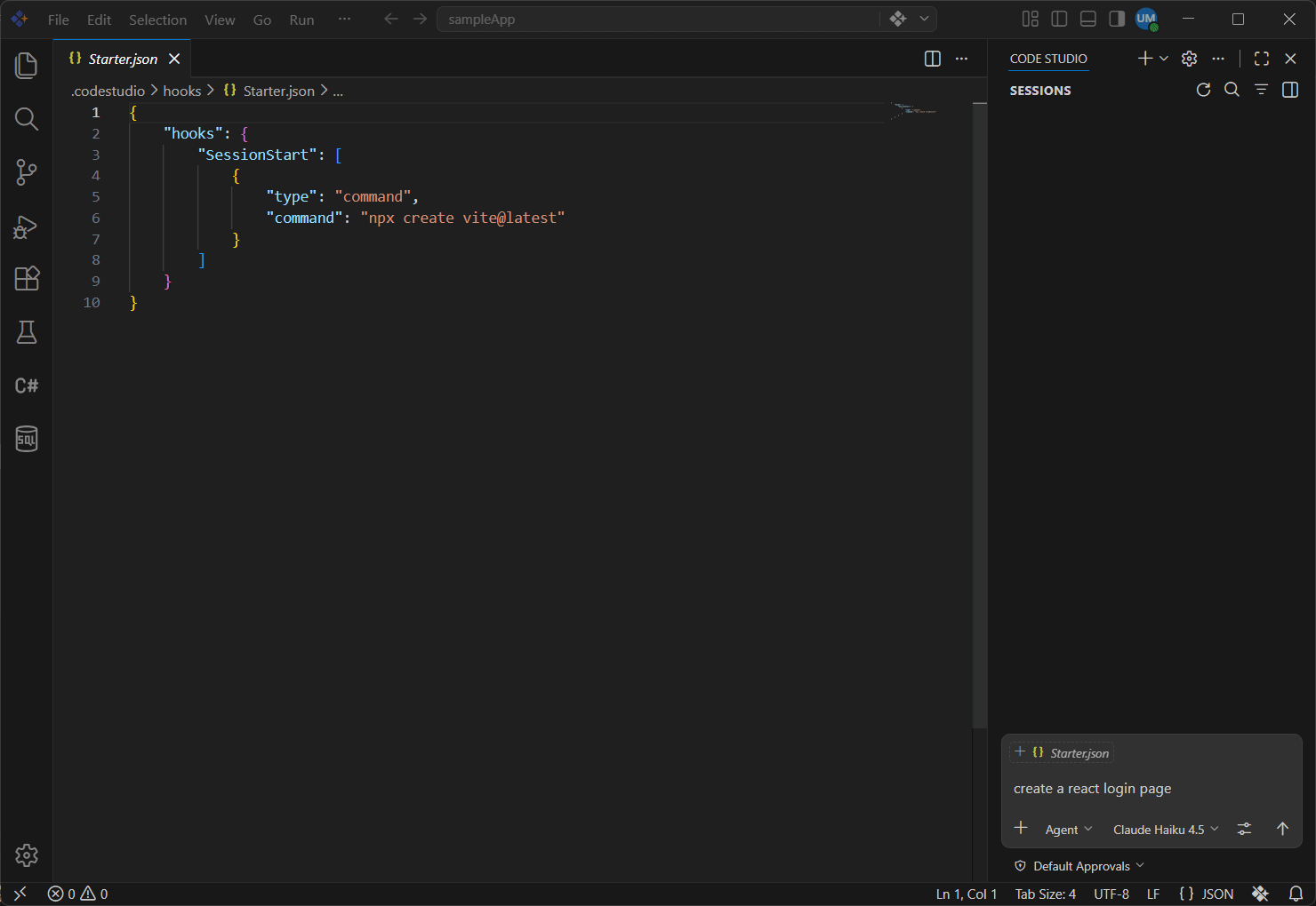 Animated demonstration of creating and configuring a hook in Code Studio