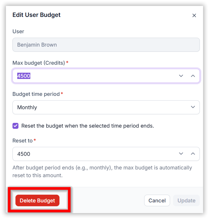 delete User budget