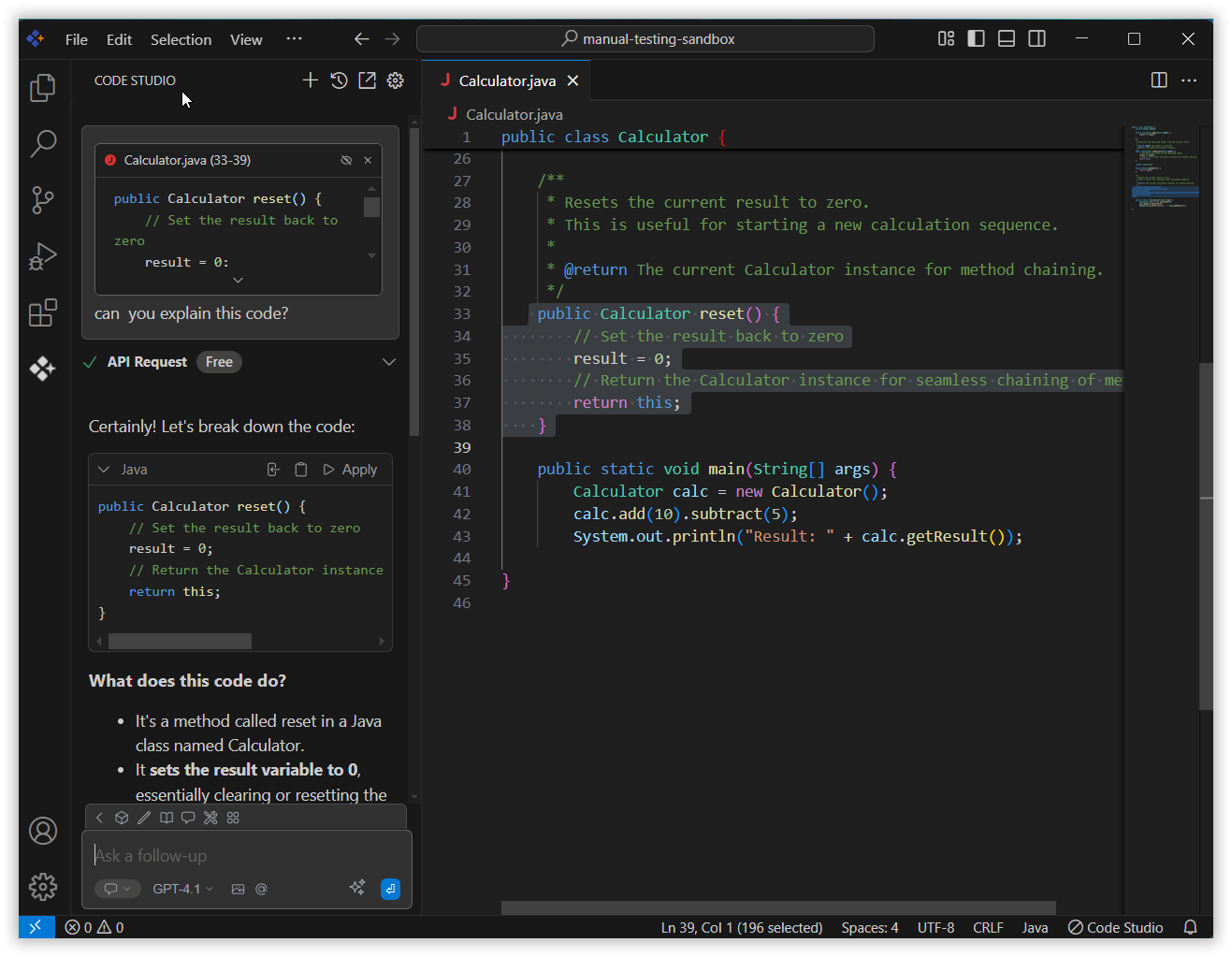 Code selection feature screenshot