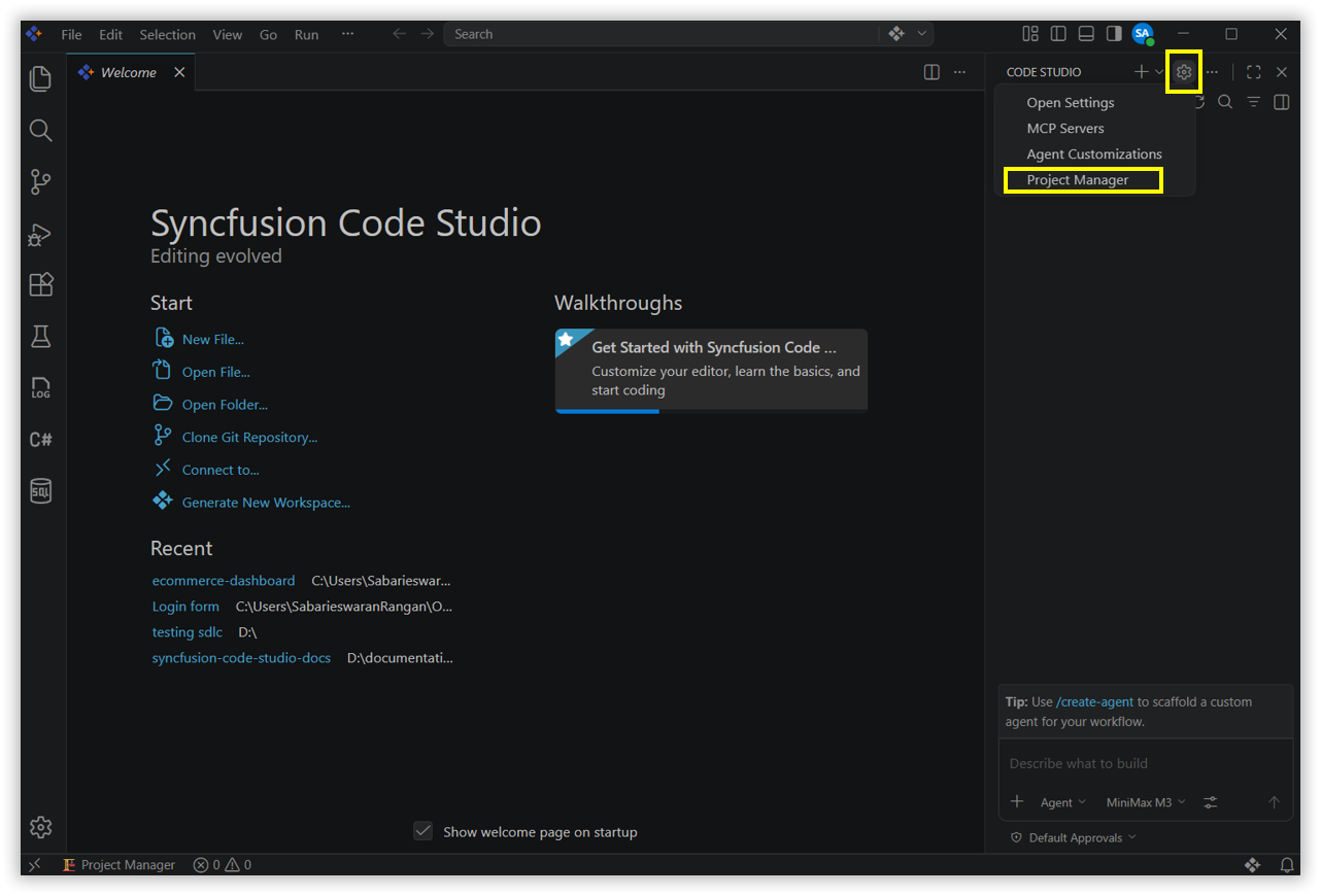 Opening Project Manager from the Settings dropdown