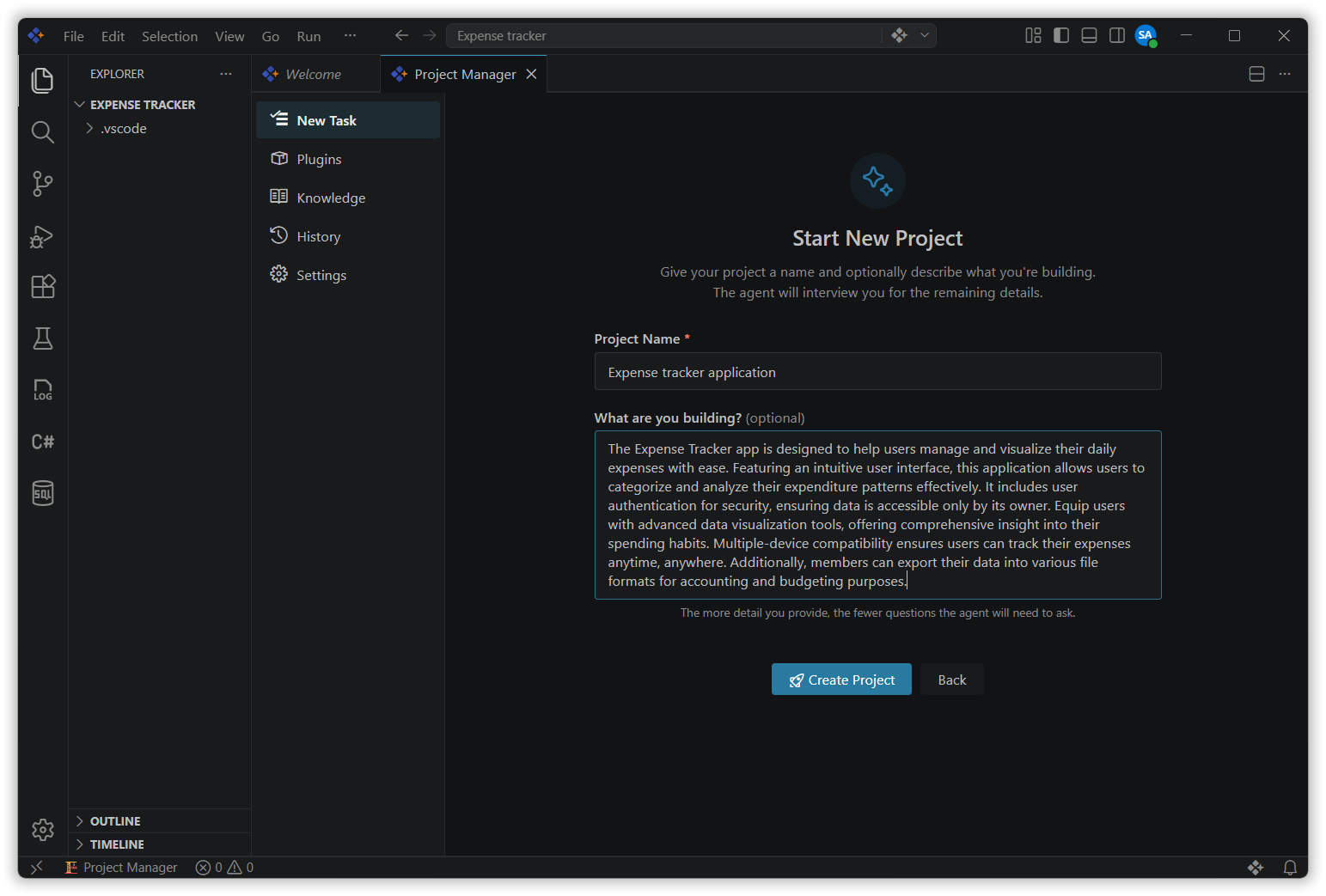 Start New Project form