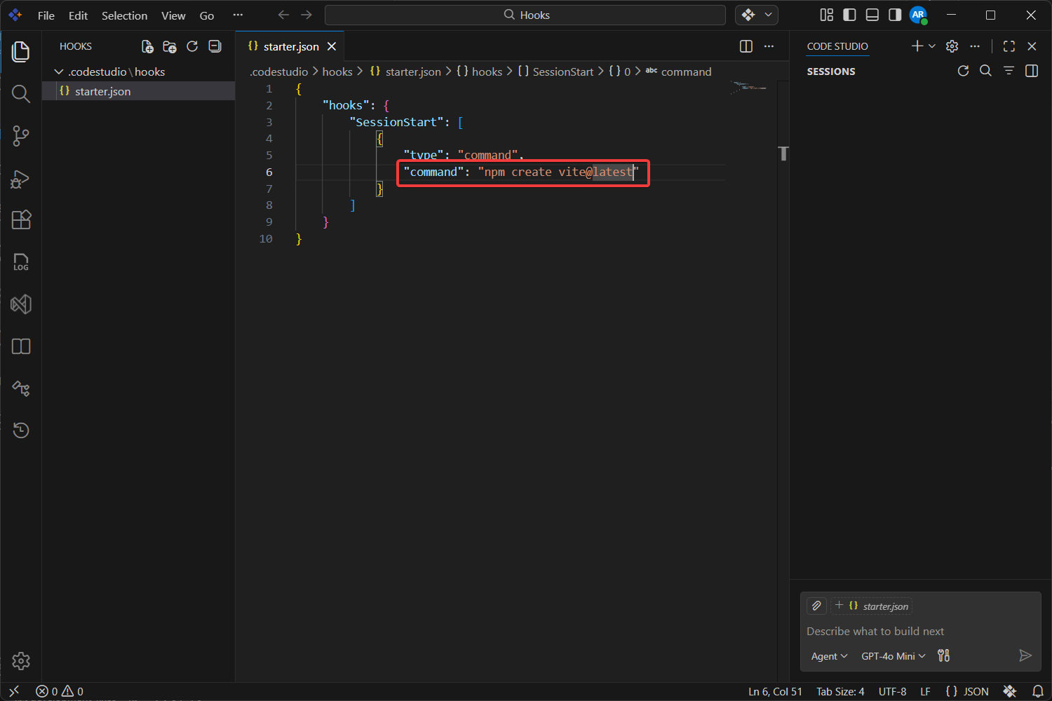 Generated hook configuration open for editing in the editor