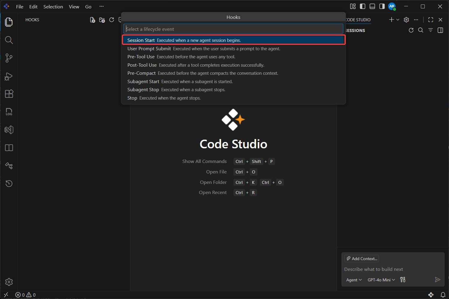 Hook creation dialog showing hook event selection