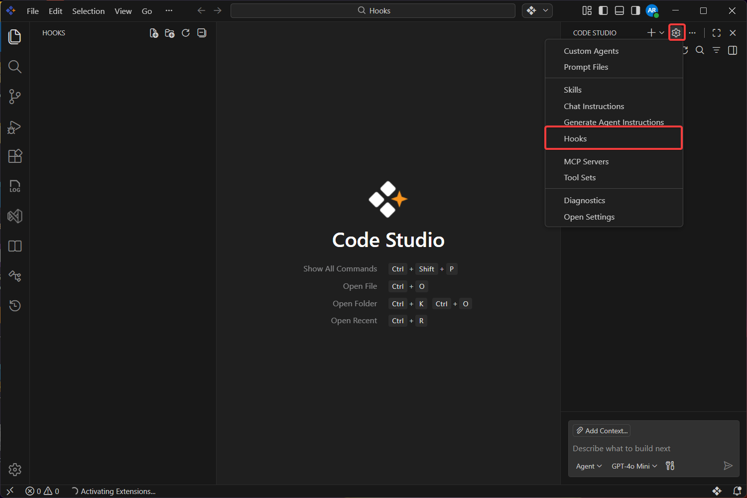 Chat settings menu in Code Studio with the Settings icon highlighted