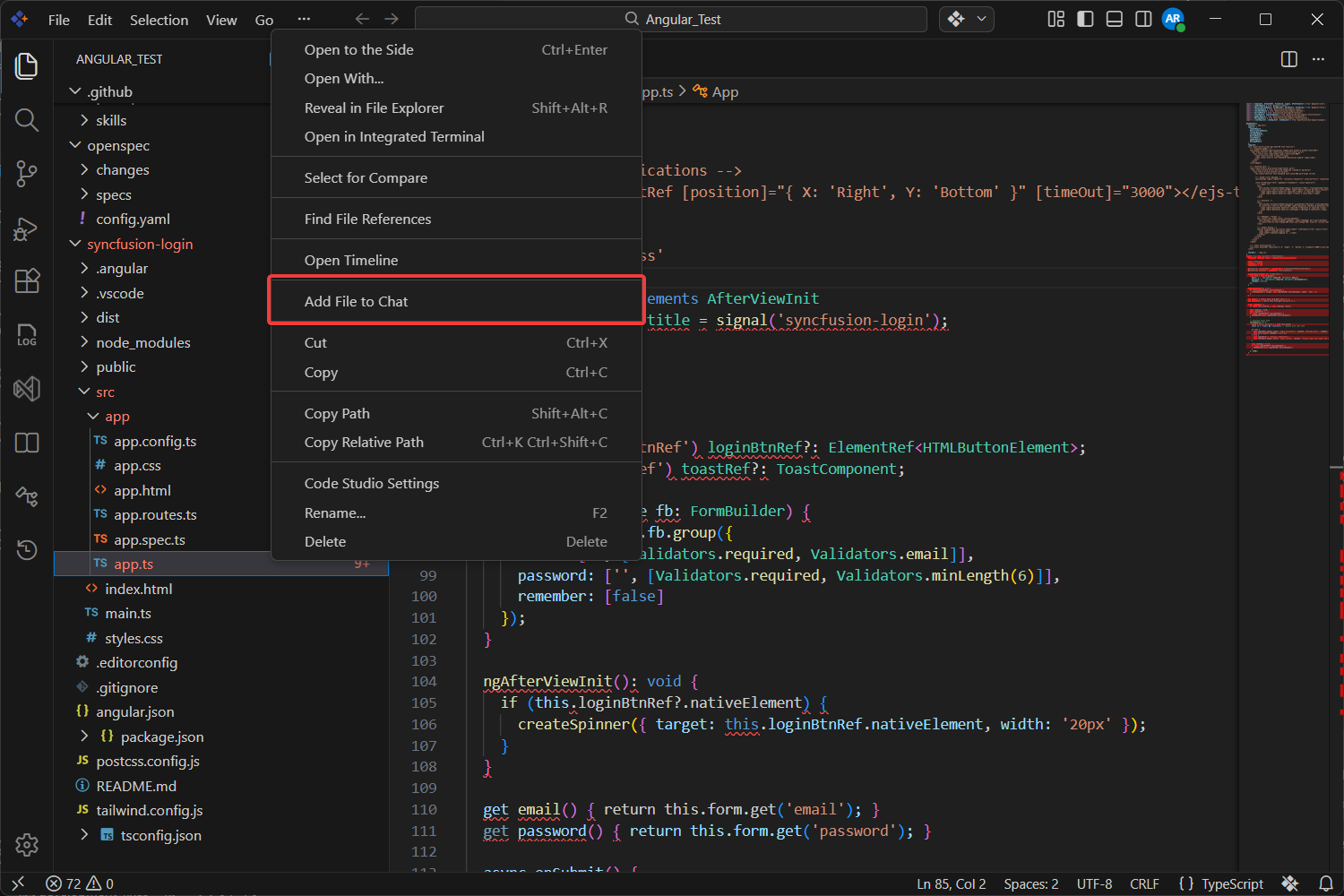 Add file to chat option in the Explorer right-click context menu