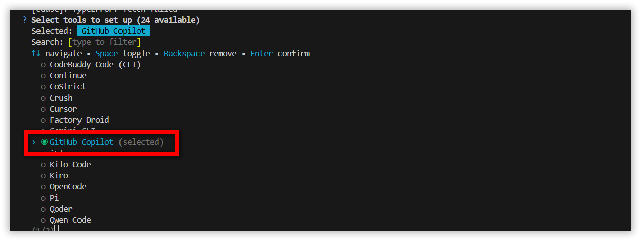 Select GitHub Copilot as your AI extension during OpenSpec initialization