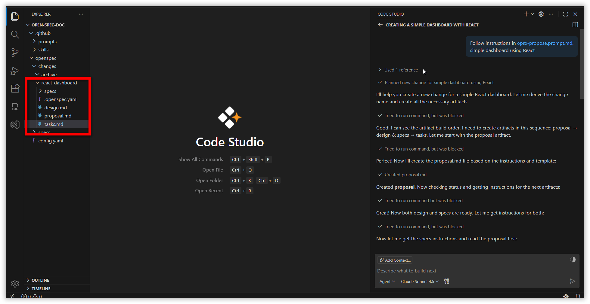 The generated proposal, design, tasks, and spec files in the change folder
