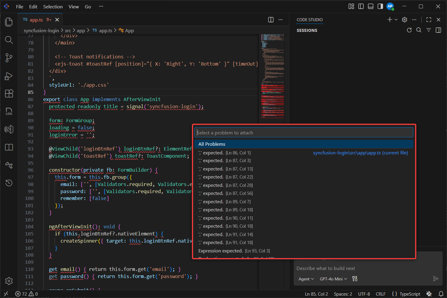 List of problems available for selection in the Add context menu