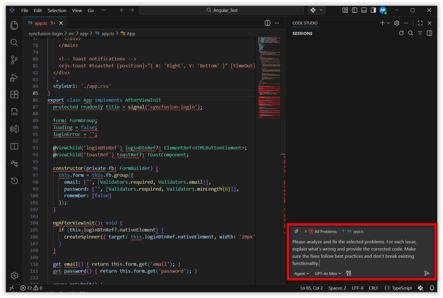 Chat Panel showing problems added as context with a prompt to fix them