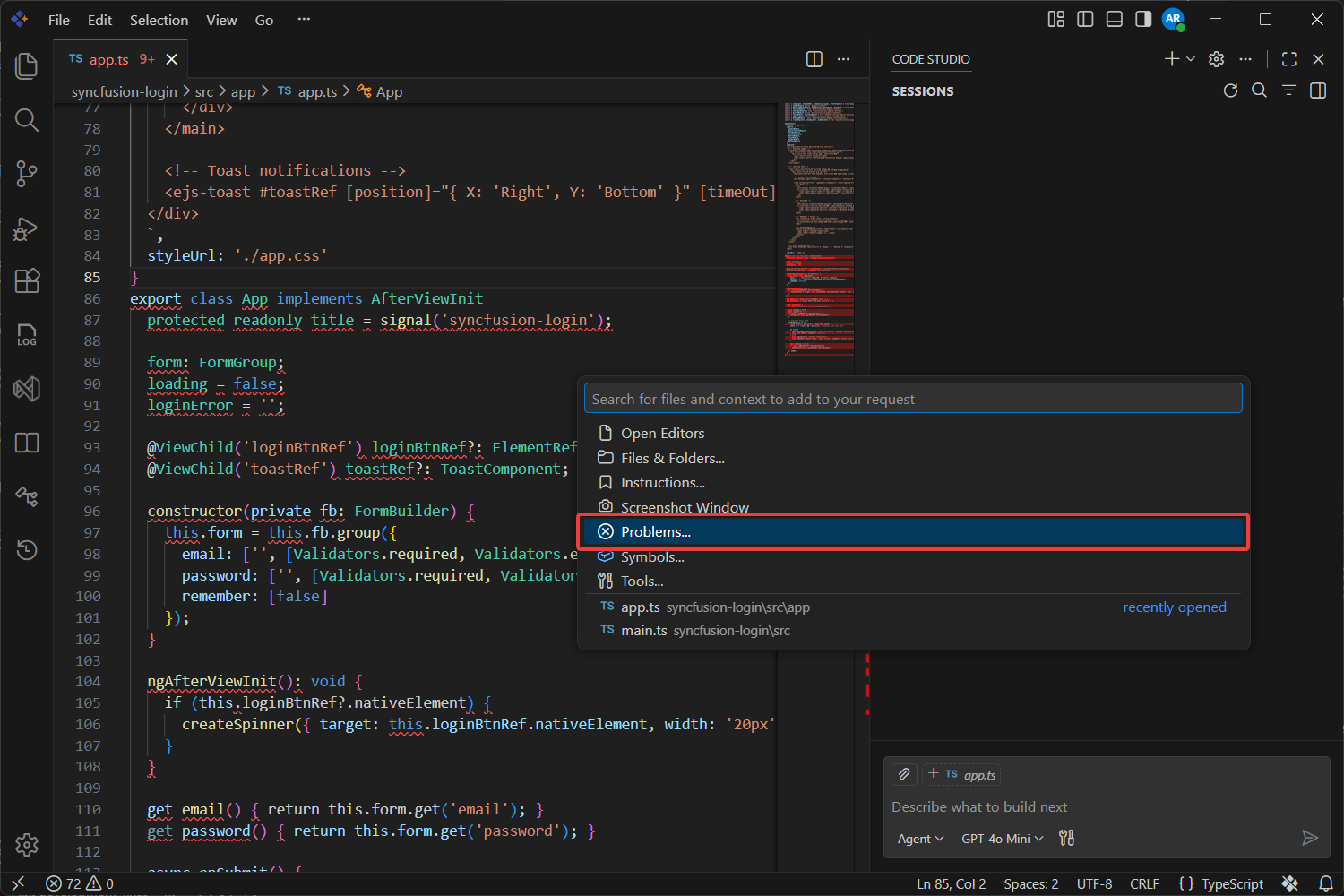 Problems option selected in the Add context attachment menu