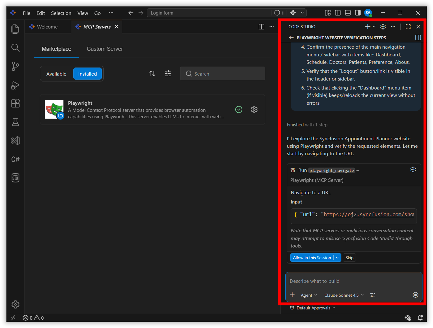 Agent mode actively executing test generation steps with Playwright MCP