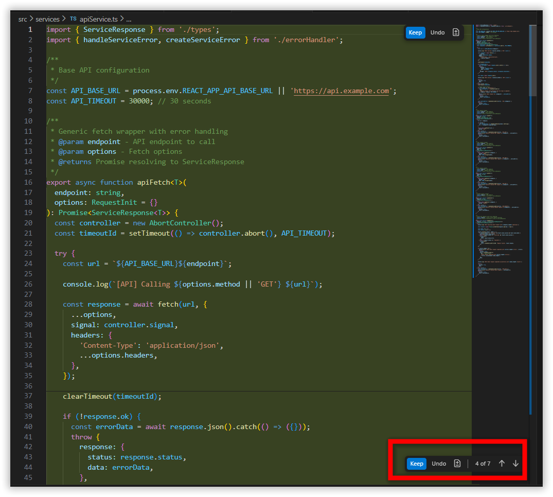 Agent mode diff view showing standardized try-catch error handling applied across multiple service files