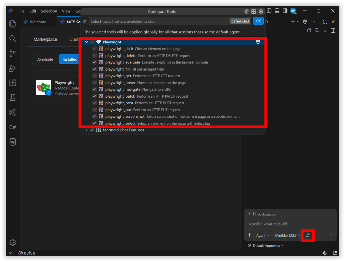 Chat tools showing available Playwright MCP commands