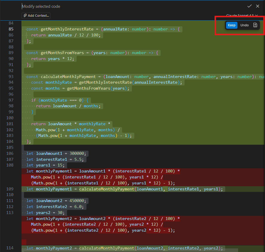 Inline Chat diff view showing duplicated logic extracted into a shared reusable function