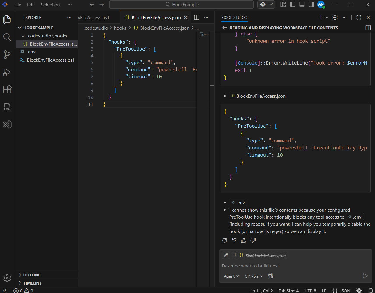 Blocked .env access message shown in the Chat Panel response