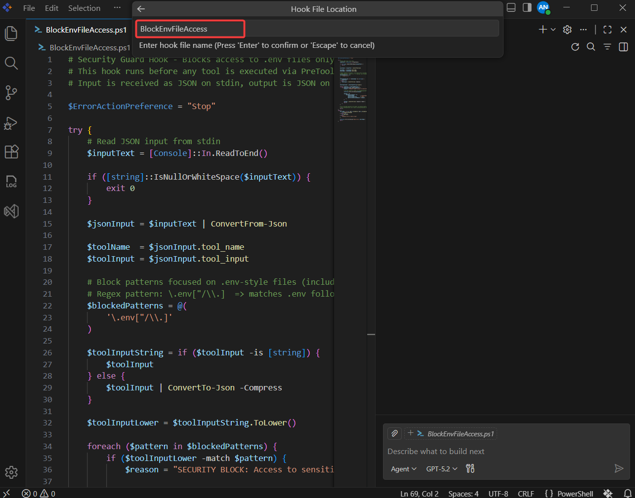 New hook named BlockEnvFileAccess shown in the Hooks list