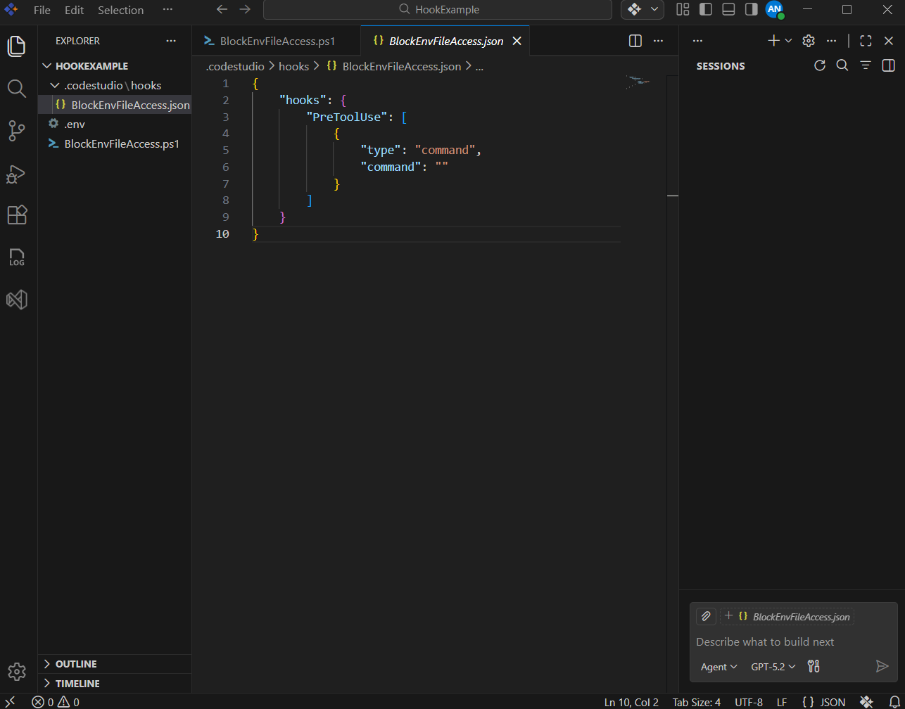 BlockEnvFileAccess hook entry created in the .codestudio hooks folder