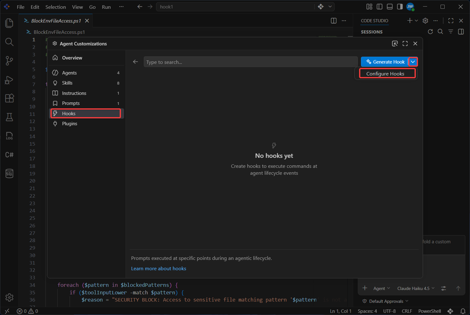 Hook configuration selected from the agent customization