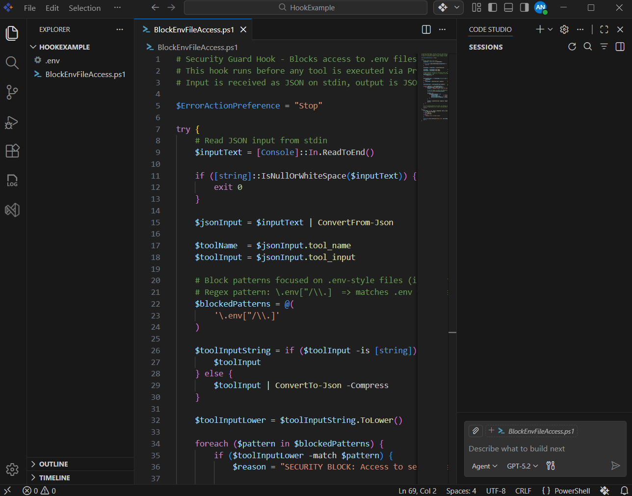 PowerShell PreToolUse hook script opened in the editor