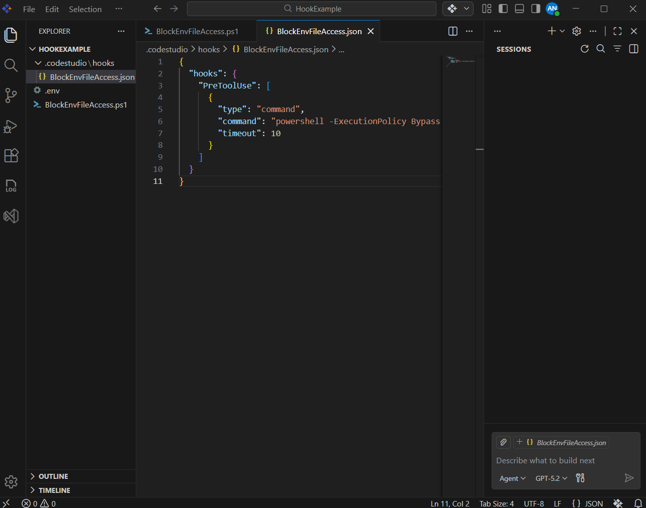 Hooks configuration mapping Pre-Tool Use to the BlockEnvFileAccess script