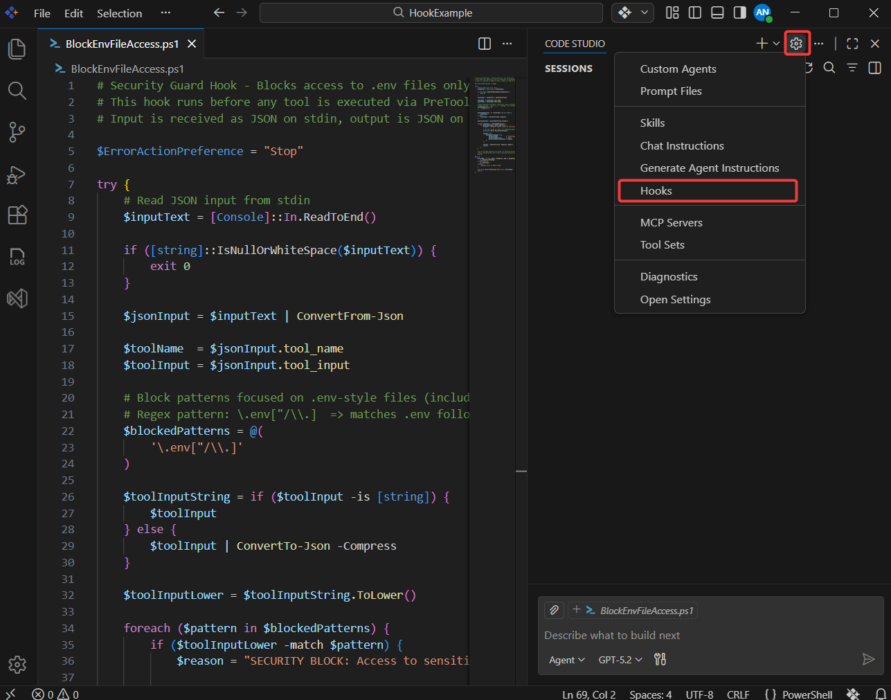 Hooks option selected from the Chat Panel settings menu