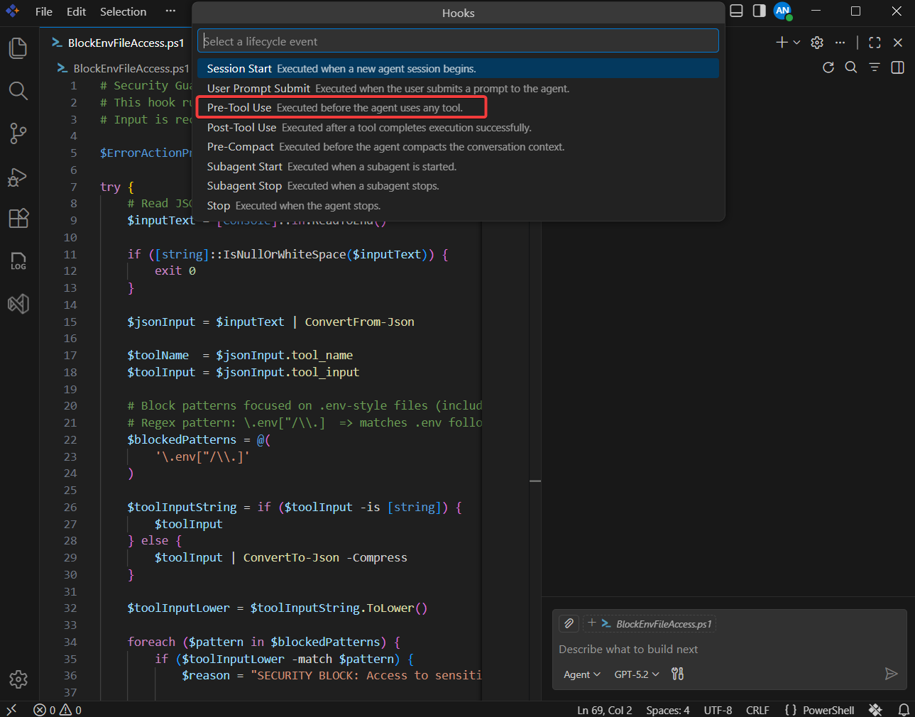 Pre-Tool Use event selected while creating a new hook