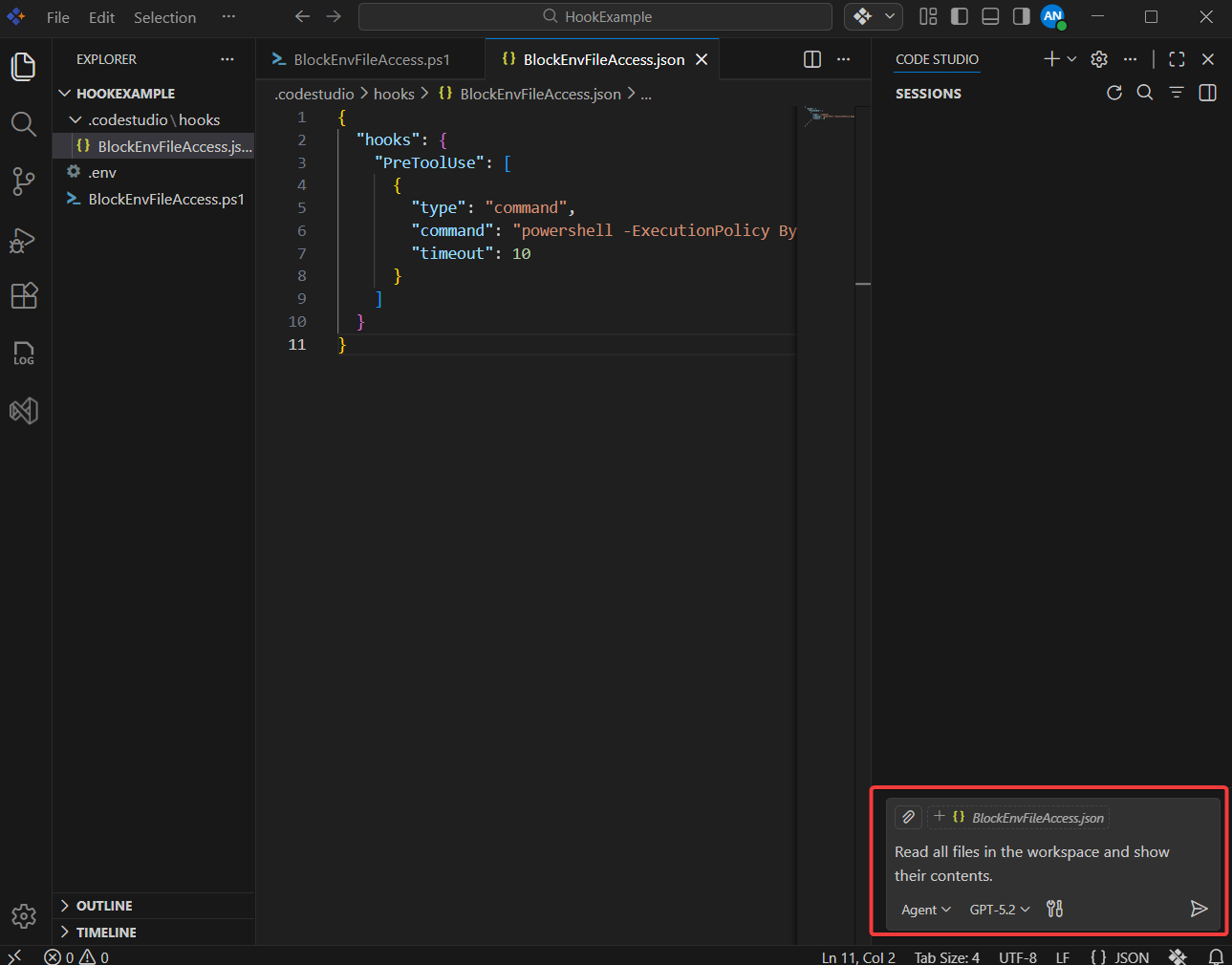 Chat prompt asking the agent to read all workspace files