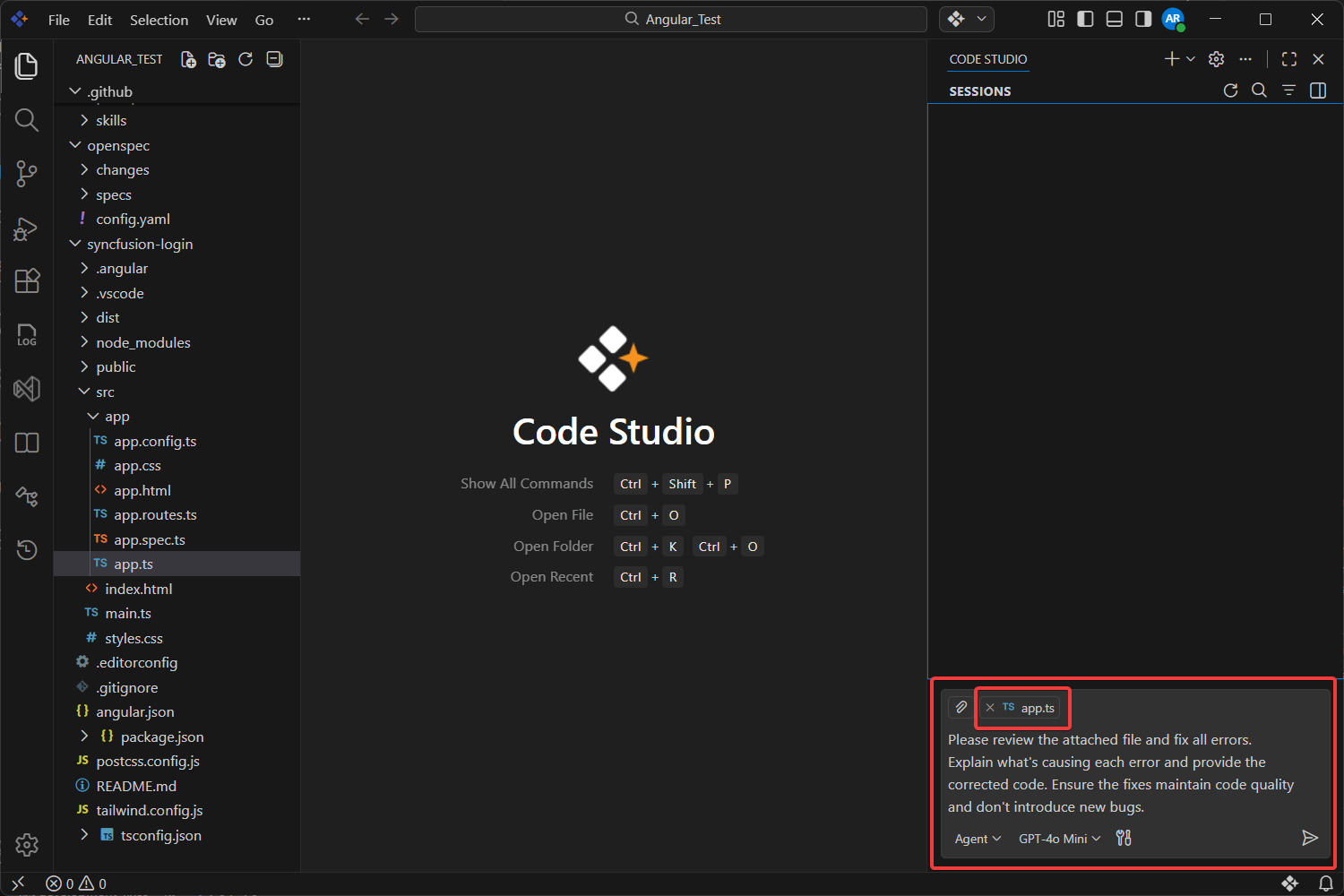 Chat Panel showing an attached file as context with a prompt to fix errors