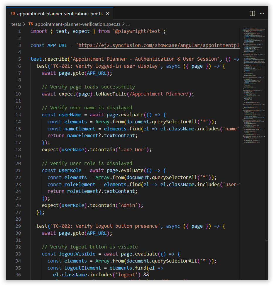 Code Studio editor showing the generated Playwright test file with test assertions