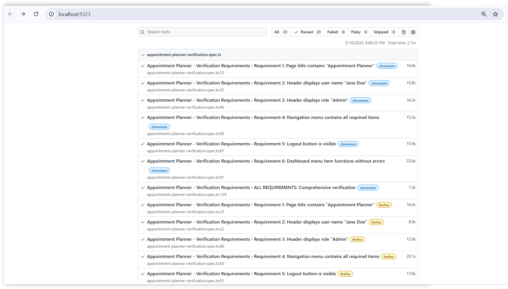 Browser showing Playwright HTML report with detailed test results and screenshots