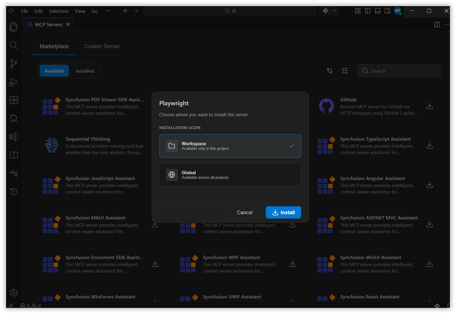 Installation scope selection dialog showing global and local installation options