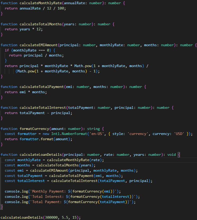 Inline Chat diff view showing the remaining logic split into calculateTotals and formatCurrency functions