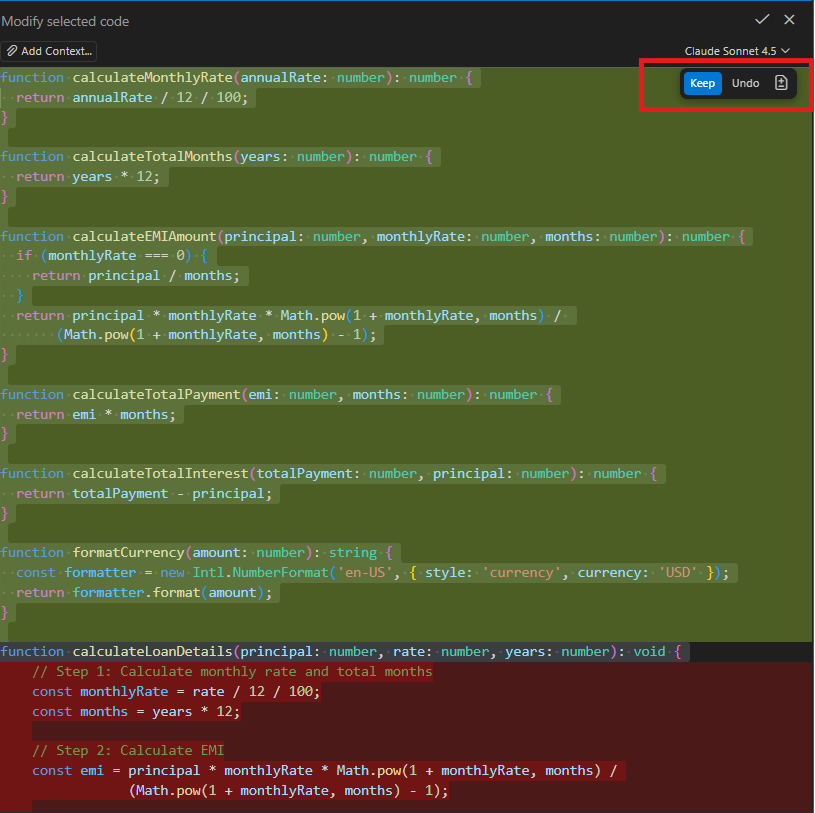 Inline Chat diff view showing the god function split into a dedicated calculateEMI function