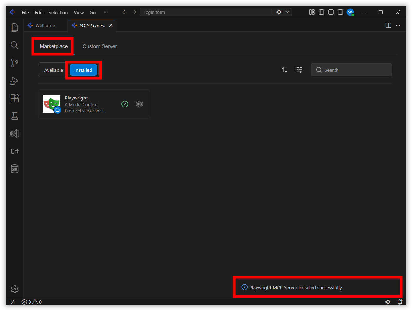 MCP panel showing Playwright MCP server connection status as active