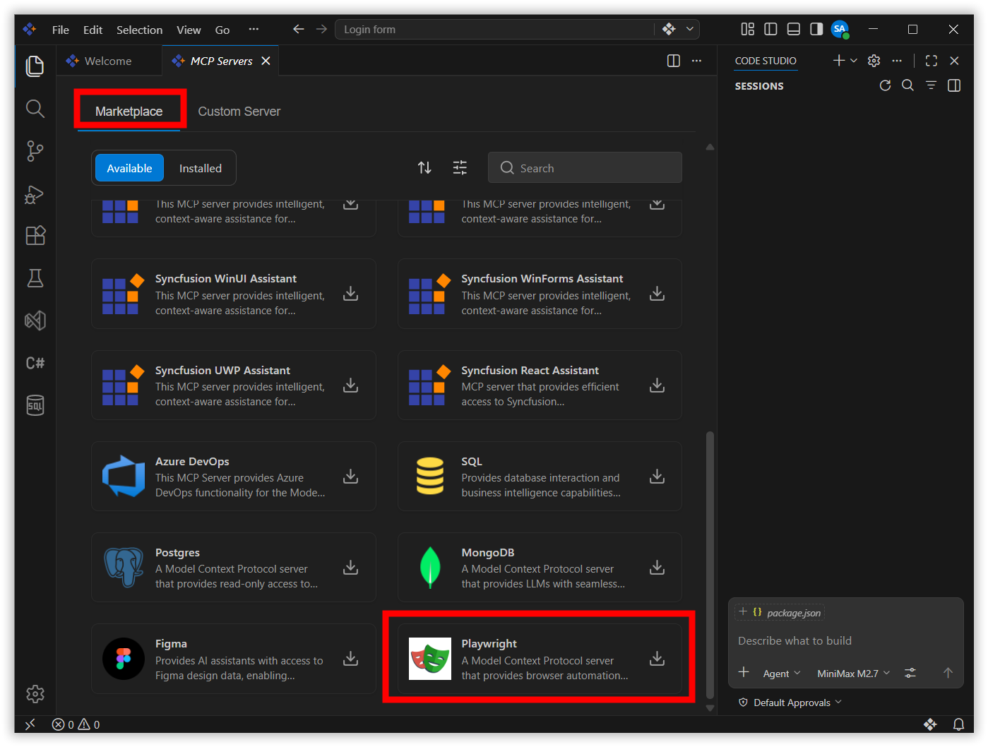 MCP marketplace showing available Playwright MCP server for installation