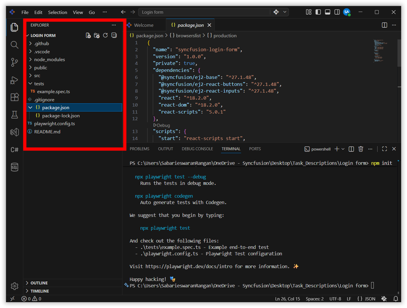 Installed Playwright project structure with tests folder