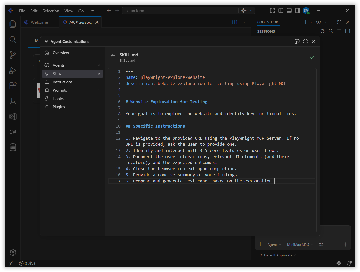 SKILL.md file showing the defined instructions for website exploration