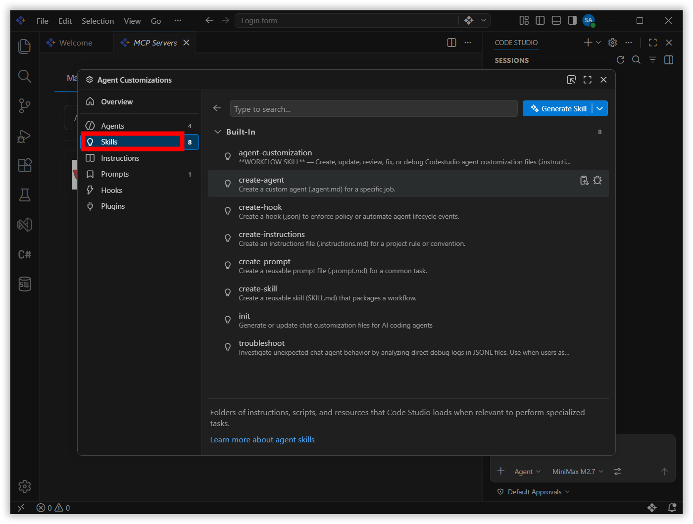 Skills view in Code Studio