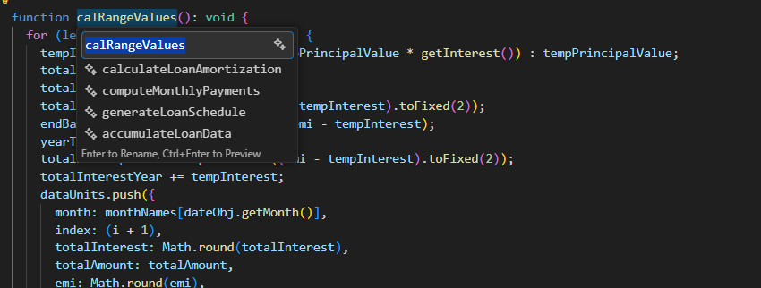 F2 rename dropdown showing AI-suggested alternative names for a poorly named variable