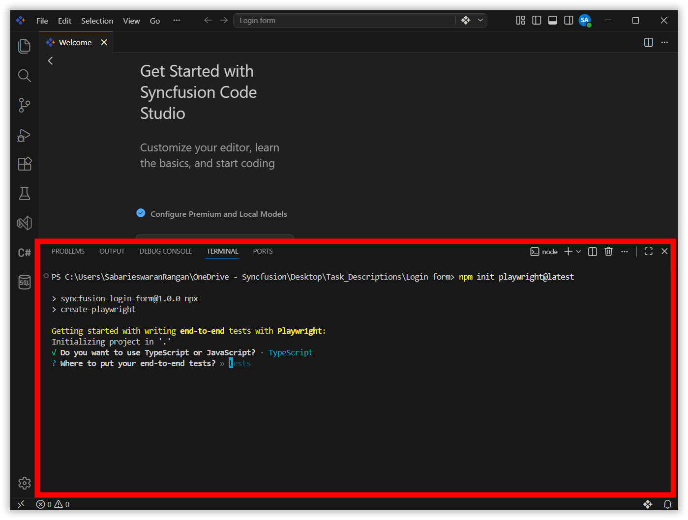 Playwright setup showing default tests folder configuration