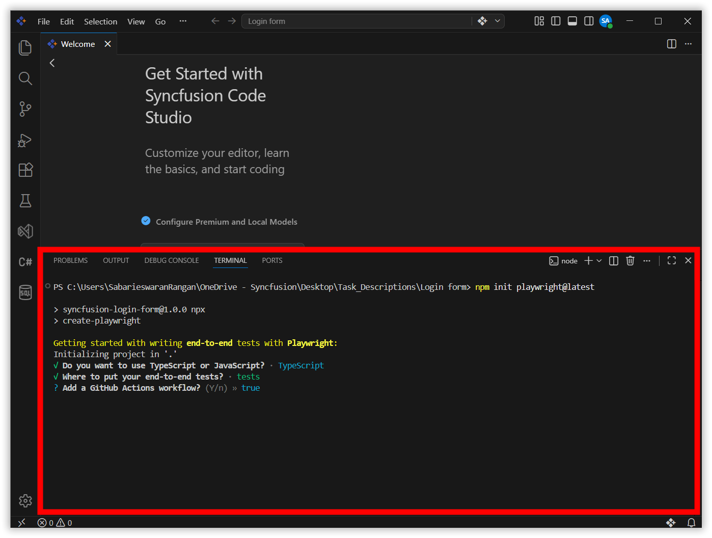Terminal output confirming tests folder location