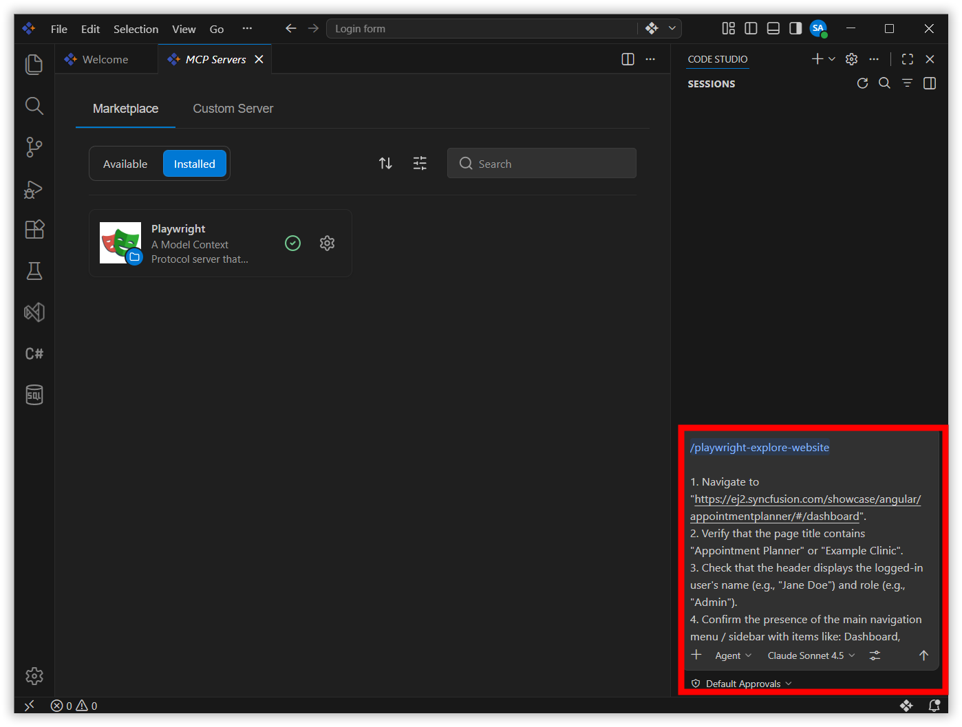Chat panel showing test scenario input with navigation and verification steps