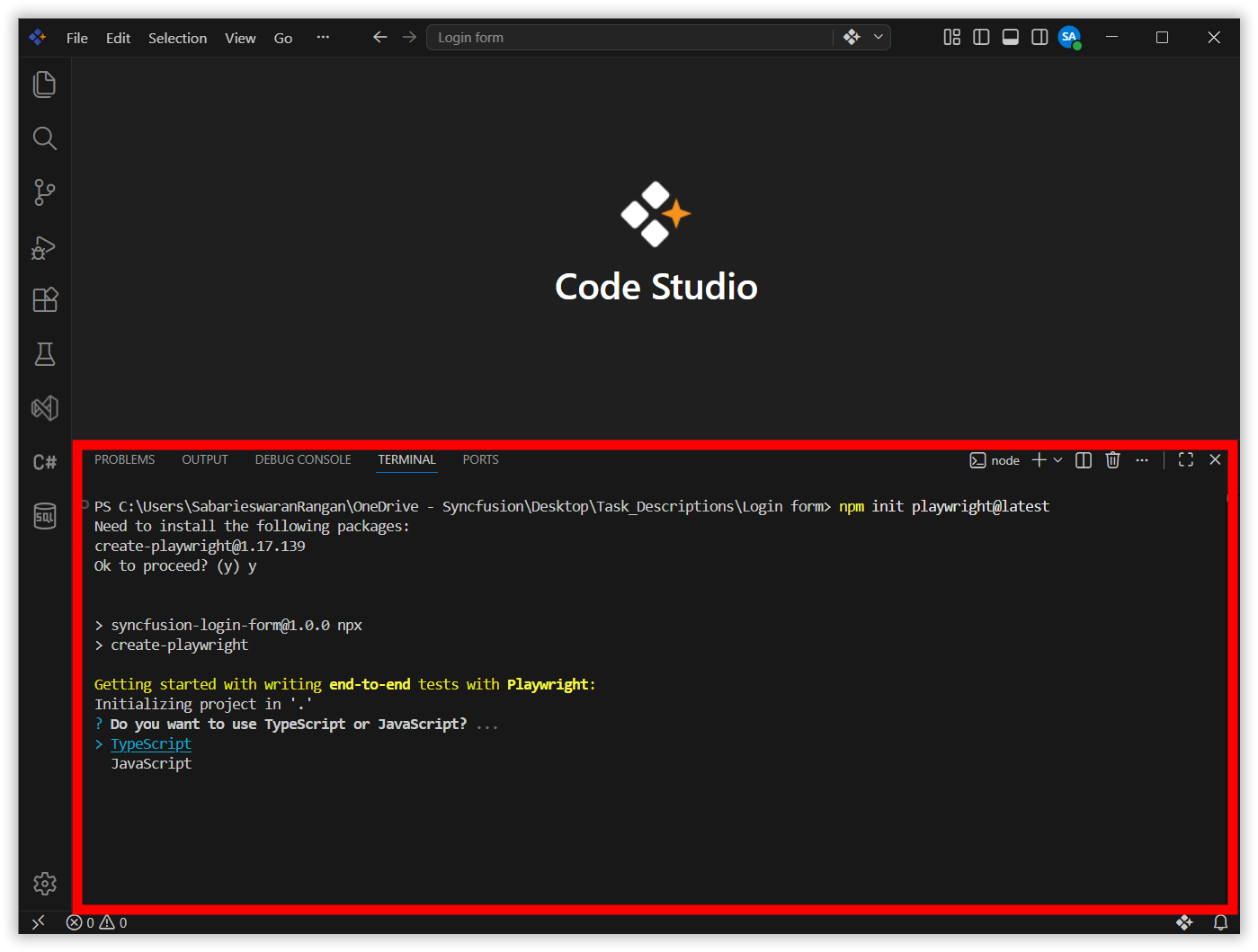 Playwright setup prompt showing TypeScript language selection